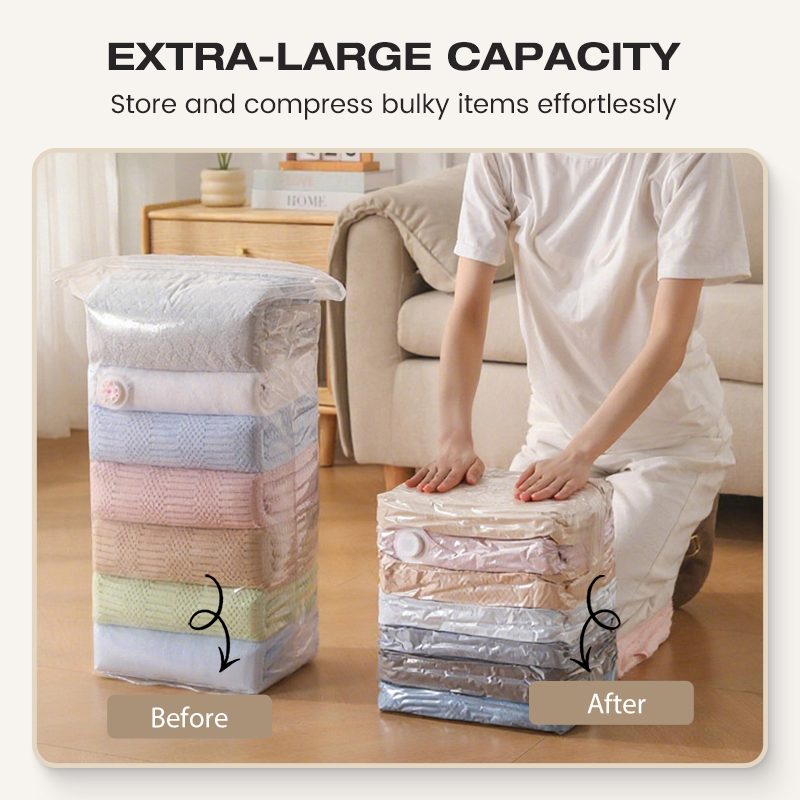 No‑Pump Vacuum Storage Bags – Press & seal, no pump needed. Saves 80% space, keeps clothes dry & dust‑free. Perfect for bulky bedding & off‑season gear. 🛏️🗄️
